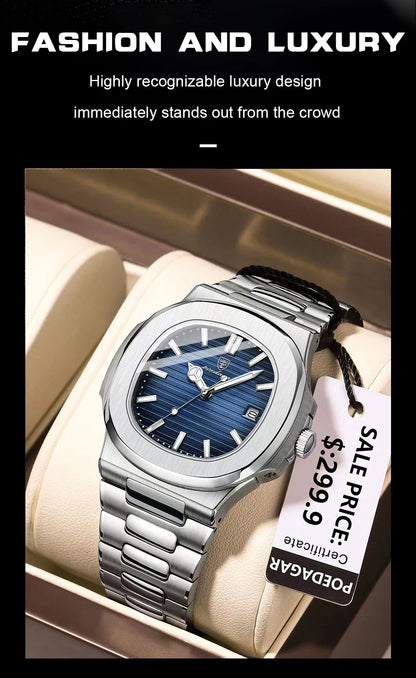 POEDAGAR Luxury Brand Men's Quartz Wristwatch Stainless Steel Waterproof Luminous Date Man Clock Square Business Watches For Men