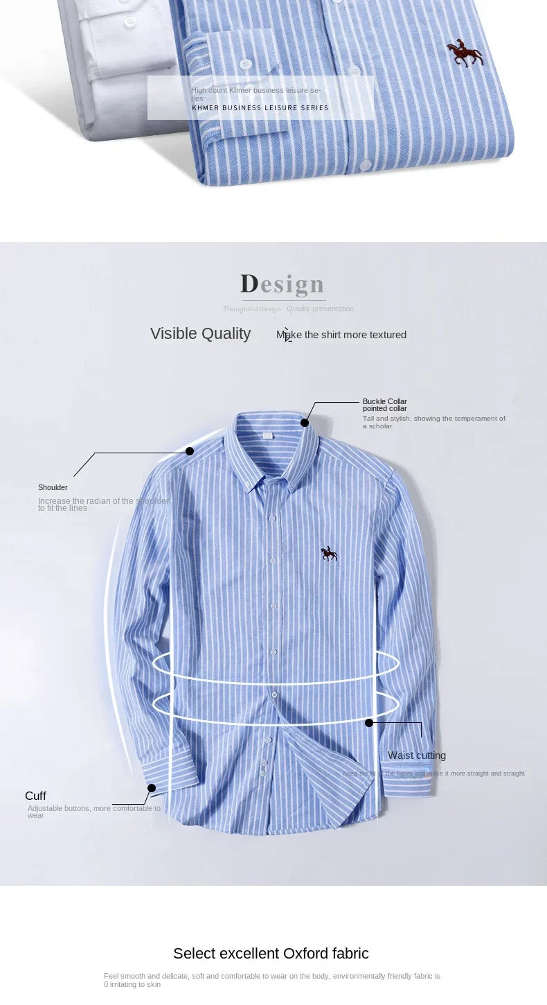 Casual cotton men's shirt slim fit horse logo bottom inch shirt Oxford spinning long sleeved striped shirt