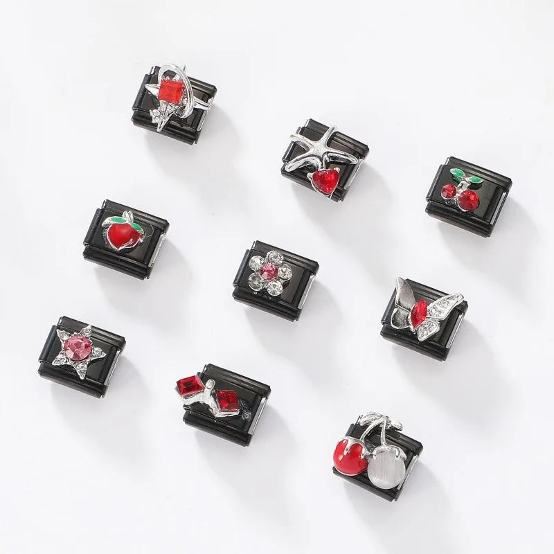 2025 New Original Black Red Stars Love Heart Bows Flower Italian Charm Link Fit 9mm Stainless Steel Jewelry DIY Making Bracelets