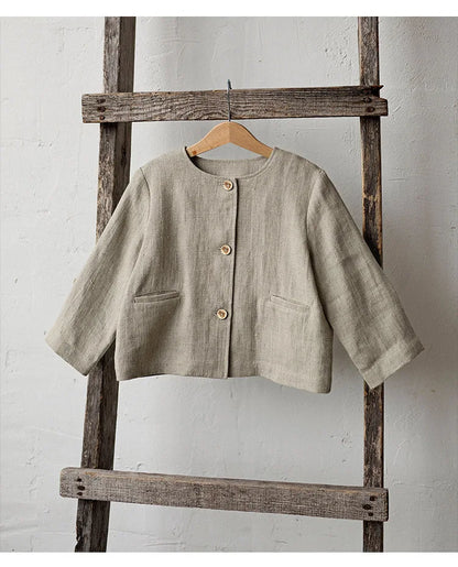 Spring Thin Retro Linen Jacket Children 2026 New Solid Color Single-Breasted Cardigan Casual Long-Sleeved Boys And Gilrs Coats