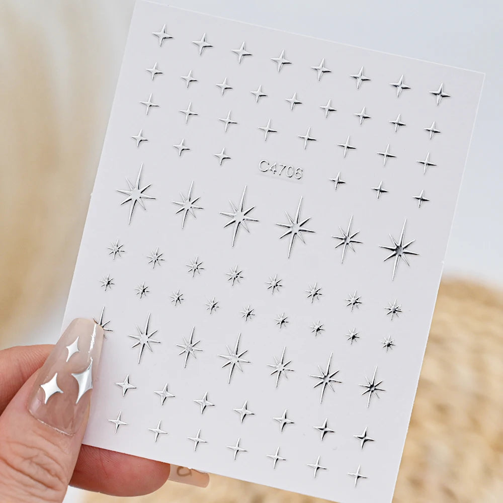 Black White Star 3D Nail Art Sticker Y2K Pentagram Self-Adhesive Decals Laser Shiny Glitters Starlight Manicure Ornaments Slider