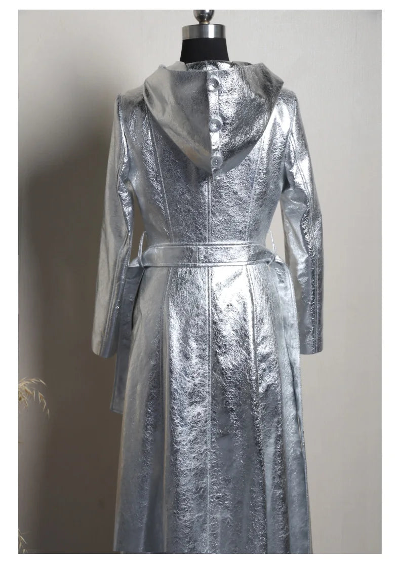 Lautaro Spring Autumn Extra Long Cool Silver Shiny Reflective Pu Leather Trench Coat for Women with Hood Luxury Runway Fashion