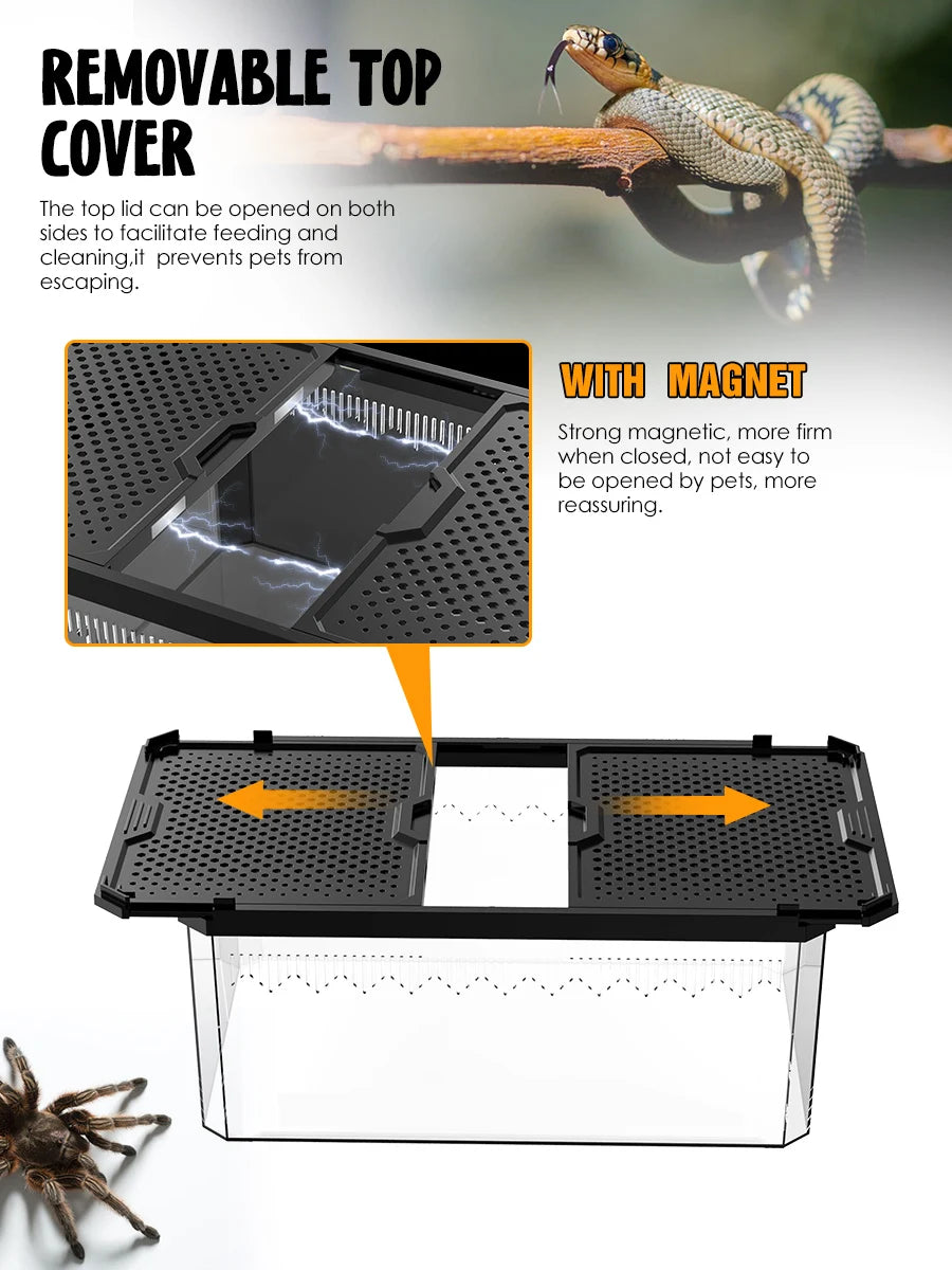 Magnetic Reptile Breeding Box with Sliding Cover Universal Design for Lizards Geckos Horned Frogs Snakes And Spiders