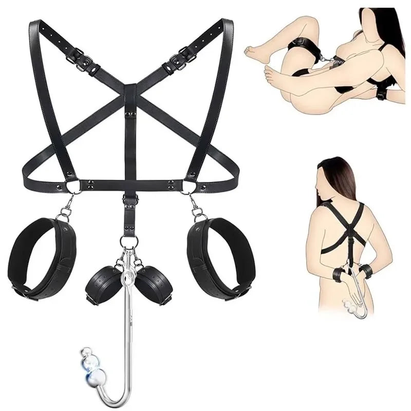 Sexual Bondage Restraint Kit BDSM Leather Thigh Sling Breast Belt Rear Handcuffs Spread Legs Slave Fetish Anal Hooks Fetish