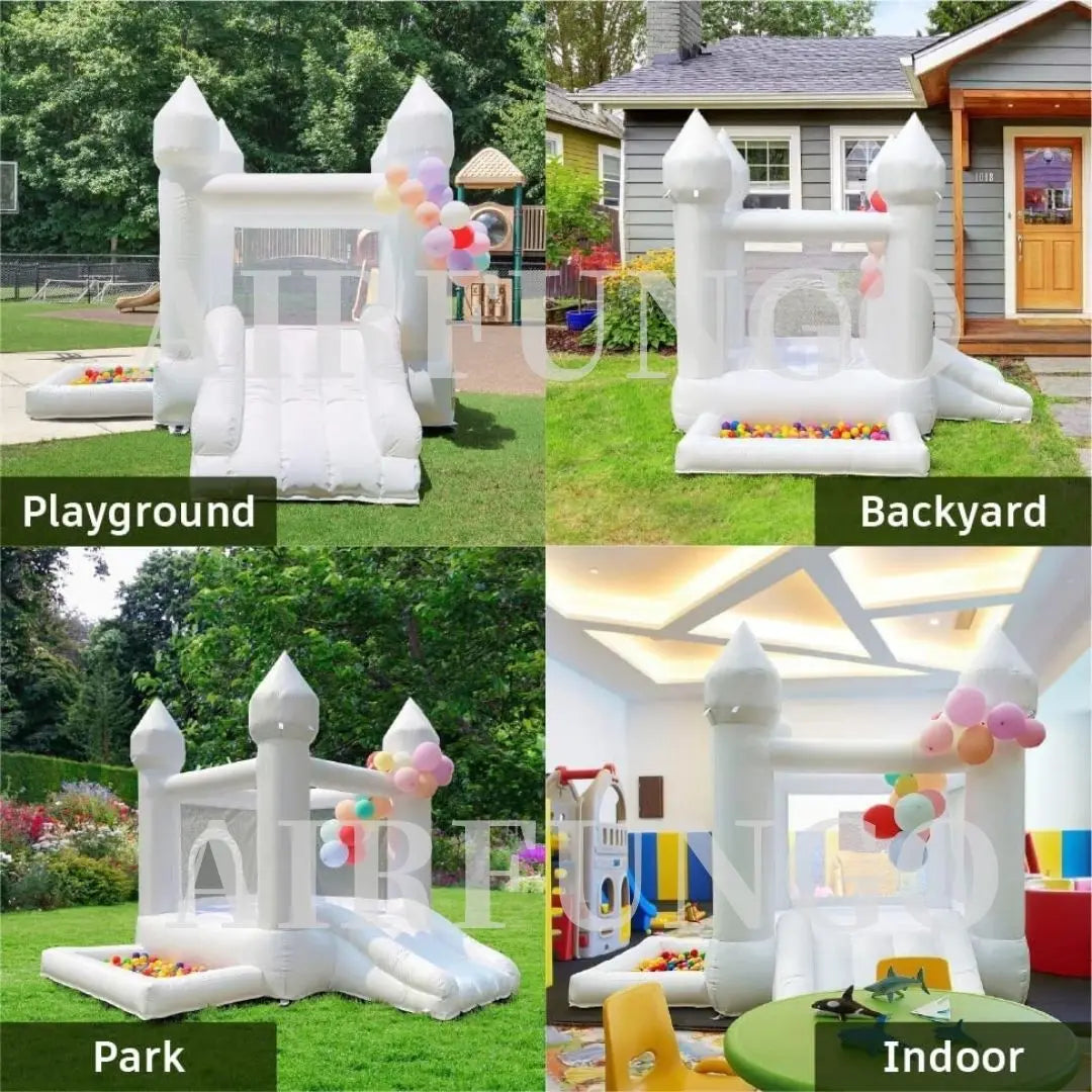 9x9x7ft Toddlers Party Inflatable White Bounce House With Slide And Ball Pit Customization Oxford Bouncy Castle Include Blower