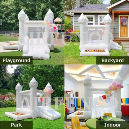 9x9x7ft Toddlers Party Inflatable White Bounce House With Slide And Ball Pit Customization Oxford Bouncy Castle Include Blower