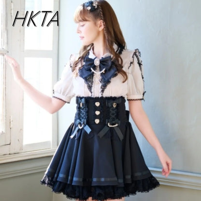 Japanese Liz Skirt High Waist Thin Kawaii Cute Bow Lolita Skirts Women Summer New Elastic High Waist Ruffle Short Pleated Skirt