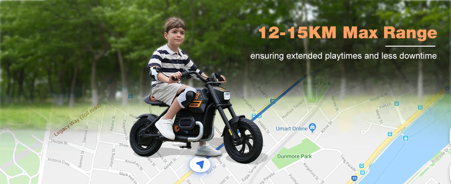 RCB KIDS Kids Electric Motorcycle R9, 200W 24V Rechargeable Ride On Toy, 3 Speed Adjustable, Bluetooth Music LED Light, Max Load 80kg, Outdoor Racing Toy for Children 6+