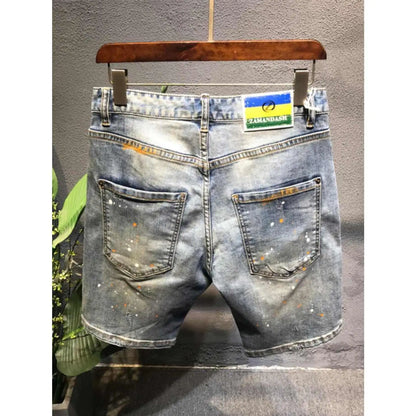 Summer Trendy Brand Handsome Denim Shorts Men's Washed Embroidered Patch Trendy Short Pants Ripped Slim-fit Elastic Middle Pants