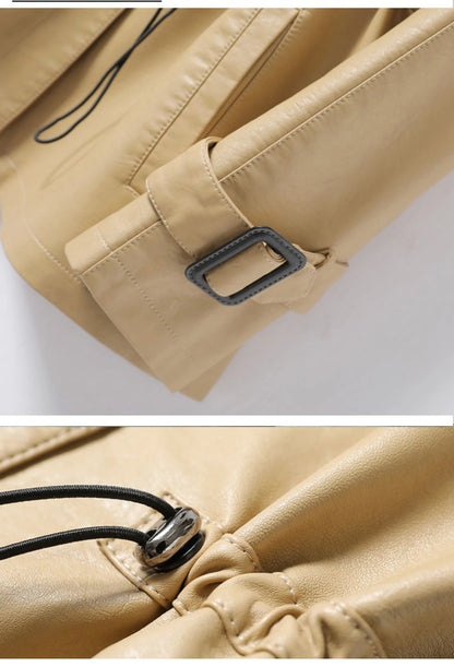 M-4XL Women's Sheepskin Coat Fashion Khaki Zipper Elastic Waist Female Long Sleeve Casual Loose Split Leather Jackets 2024 New