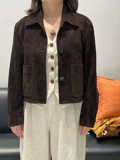 European Imported Kid Suede Leather Jacket for Woman High Grade Turn Down Collar Pocket Short Cropped Coat Long Sleeve Top Mujer