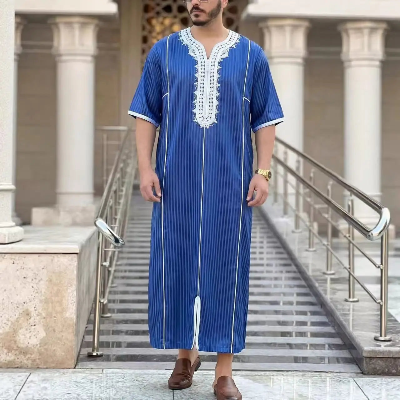 Muslim Men's Morocco Gandoura Thobe Loose Short Sleeves Gorgeous Embroidery Comfortable Islamic Men's Traditional Clothing Party