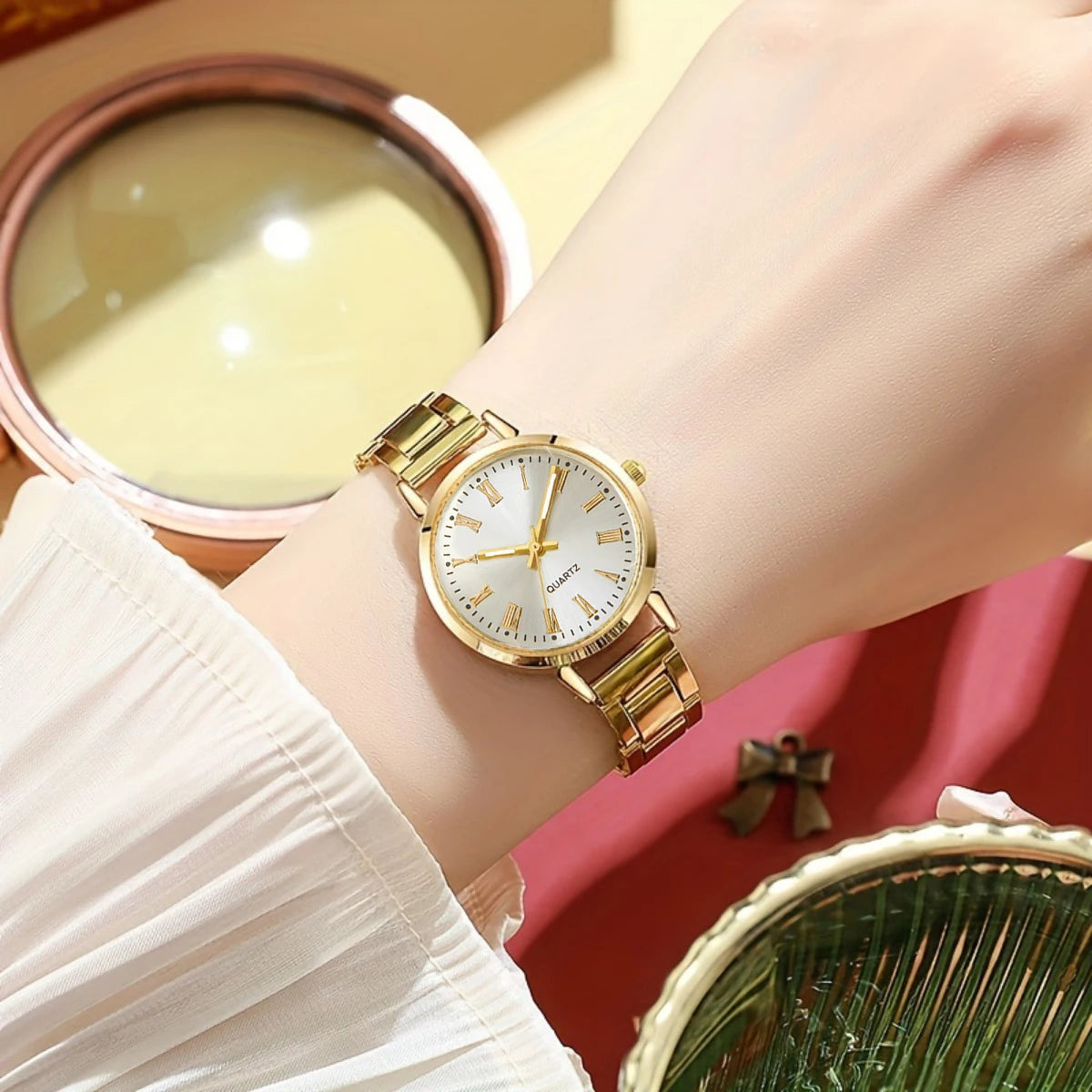 6PCS Women Watch Jewelry Set - Fashion Quartz Watch + Crystal Infinity Bracelet Necklace Earring Ring for Ladies（Without Box）