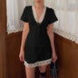 Elegant Satin Lace Patchwork Skirt Two-piece Set V Neck Short Sleeve Lace Up Tops Mini Skirts Suit 2026 New Party Daily Outfits