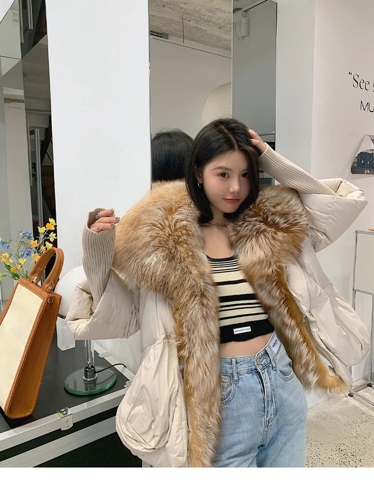 Oversized Winter Warm Real Fox Fur Collar Black Down Coat Women Puffer Outerwear Jackets 2024 Autumn Winter