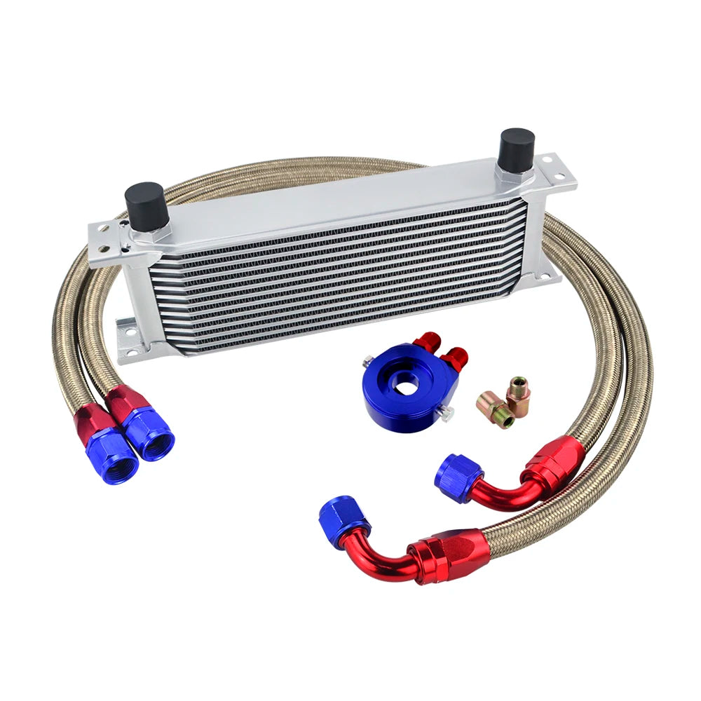 Universal 13 Rows Oil Cooler Kit + Oil Filter Sandwich Adapter + Nylon Stainless Steel Braided An10 Hose W/ PQY Sticker+Box
