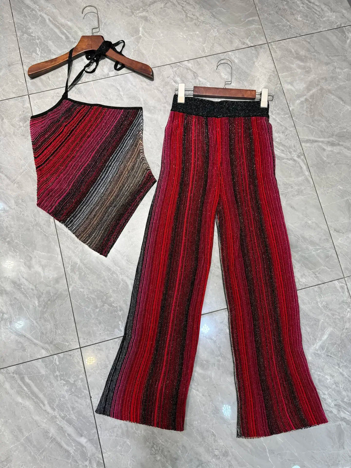 Women Metallic Sequined Striped Knitted Set Slanted Shoulder Sleeveless Camisole + Elastic Waist Straight Pants Casual Suits