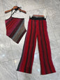 Women Metallic Sequined Striped Knitted Set Slanted Shoulder Sleeveless Camisole + Elastic Waist Straight Pants Casual Suits