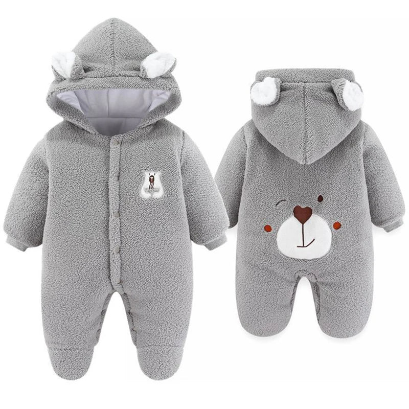 Cute Plush Bear Baby Boy Romper Infant Girl Overall Jumpsuit Autumn Winter Warm Fleece Hooded Baby Rompers Newborn Clothes 0-12M