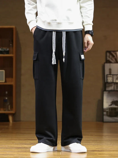 2024 New Sweatpants Men Multi-Pockets Drawstring Cotton Casual Wide Pants Male Loose Straight Trousers Large Size 8XL
