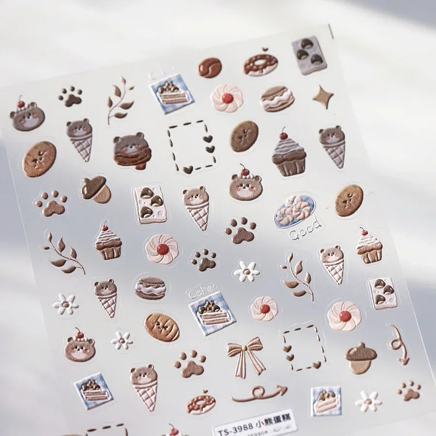 5D Pudding Jelly Dessert Fruit Cherry Pink Claw Print Bowknot Tie knot Love Heart Stars Nail Art Sticker Adhesive Manicure Decal