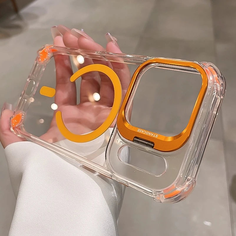 Luxury Transparent Airbag Case For iPhone 17 16 15 14 12 13 Pro Max Plus Air for Magsafe Transparent Camera Stand Holder Cover