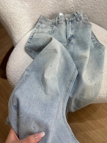 Retro Rhinestone Jeans for Women 2026 New Casual Straight Leg Denim Pants Spring Light Blue Narrow Wide Leg Trousers