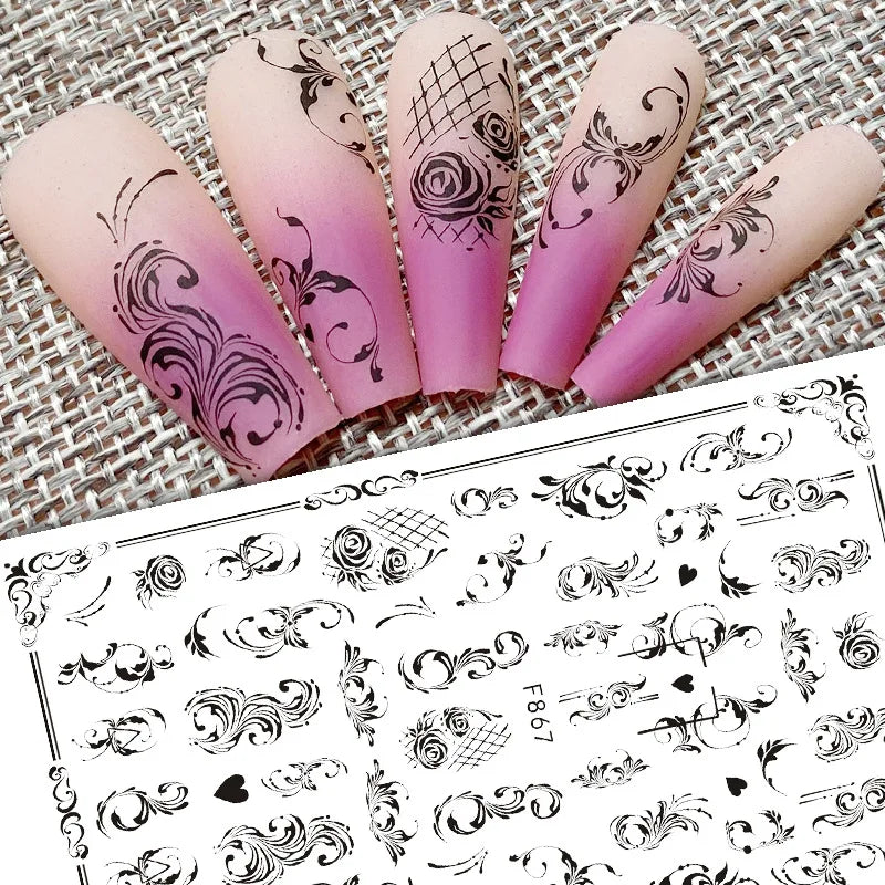 Black and White Love Flowers Line Art 3D Stickers Nail Decals Nail Art Accessories Butterfly Rose Nail Stickers Nail Sliders