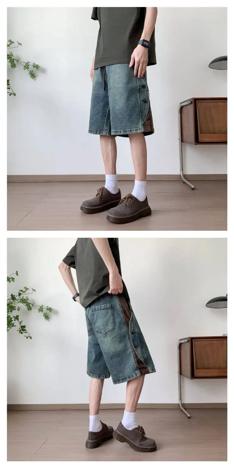 Mens Loose Fit Summer Denim Shorts Elastic Waist Washed Blue Side Personality Design Casual Comfortable Fashion Trendy Outdoor