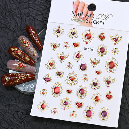5D Embossed Emerald Gemstones Nail Art Stickers Luxury Golden Frame Baroque Flower Nail Decals Green Rhinestones Nail Supplies