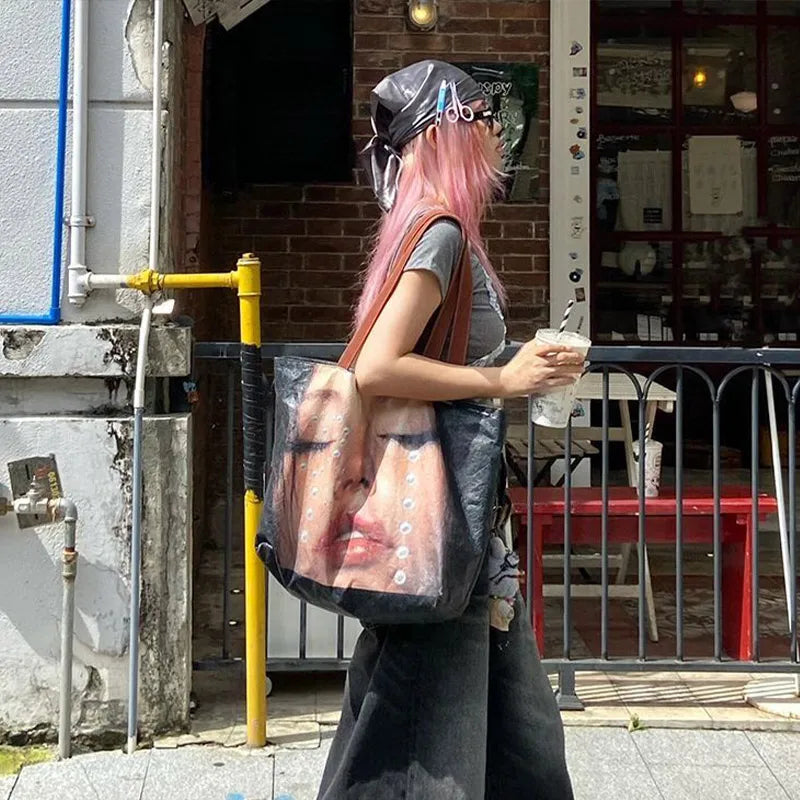 New Creative Women's Tote Bag Trend Face Printing Large Capacity Shoulder Bag Water Proof Hot Girl Handbag Large Shopping Bag