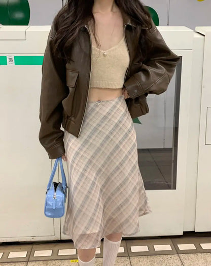 Deeptown Plaid Skirt Vintage Women Elegant Sweet Korean Style Mid Skirt Y2k Harajuku fashion A-line summer Aesthetics Skirts