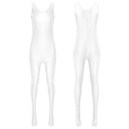 Women's Sleeveless Full Body Bodysuit Glossy Jumpsuit Gymnastics Fitness Swimming Leotard Pole Dance Costume Clubwear Lingerie