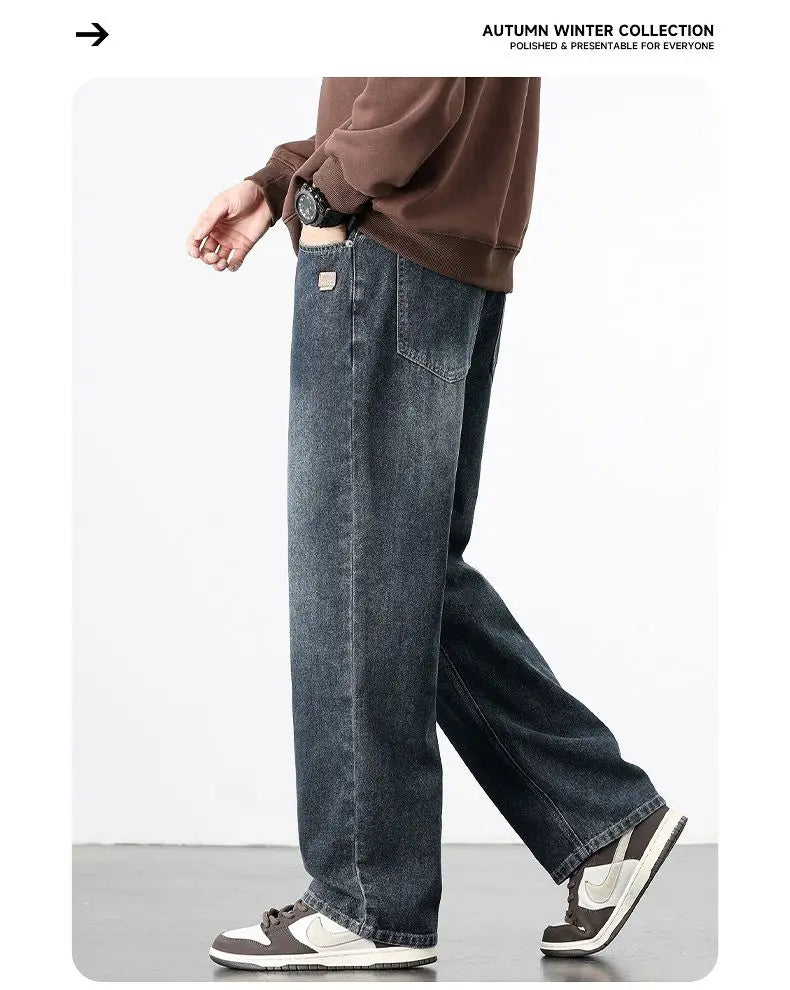 Spring Autumn New Men's Straight Vintage Fit Jeans Casual Trousers High Quality Male Korean Fashion Baggy Wide Leg Denim Pants