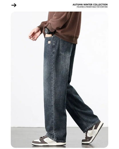 Spring Autumn New Men's Straight Vintage Fit Jeans Casual Trousers High Quality Male Korean Fashion Baggy Wide Leg Denim Pants
