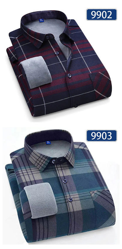 Autumn Winter Thicken Fleece Shirts For Men Business Plaid Shirt Long Sleeve Warm Clothes Male Single Pocket Classic Check Shirt