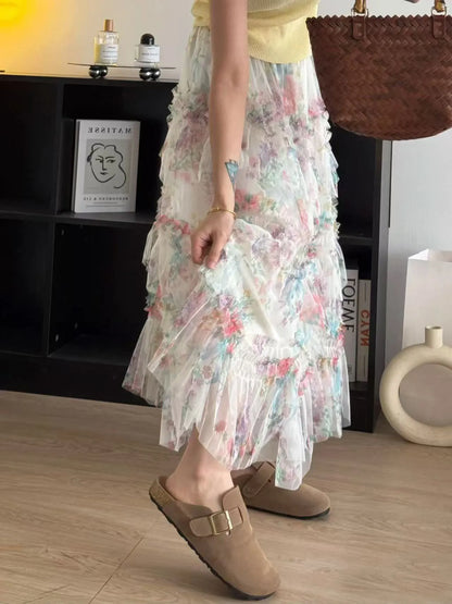 Faldas Y2k Elastic Waist Floral Print Mesh Skirt Women Summer Beach Vacation Style Versatile Stitching A-line Elegant Long Skirt