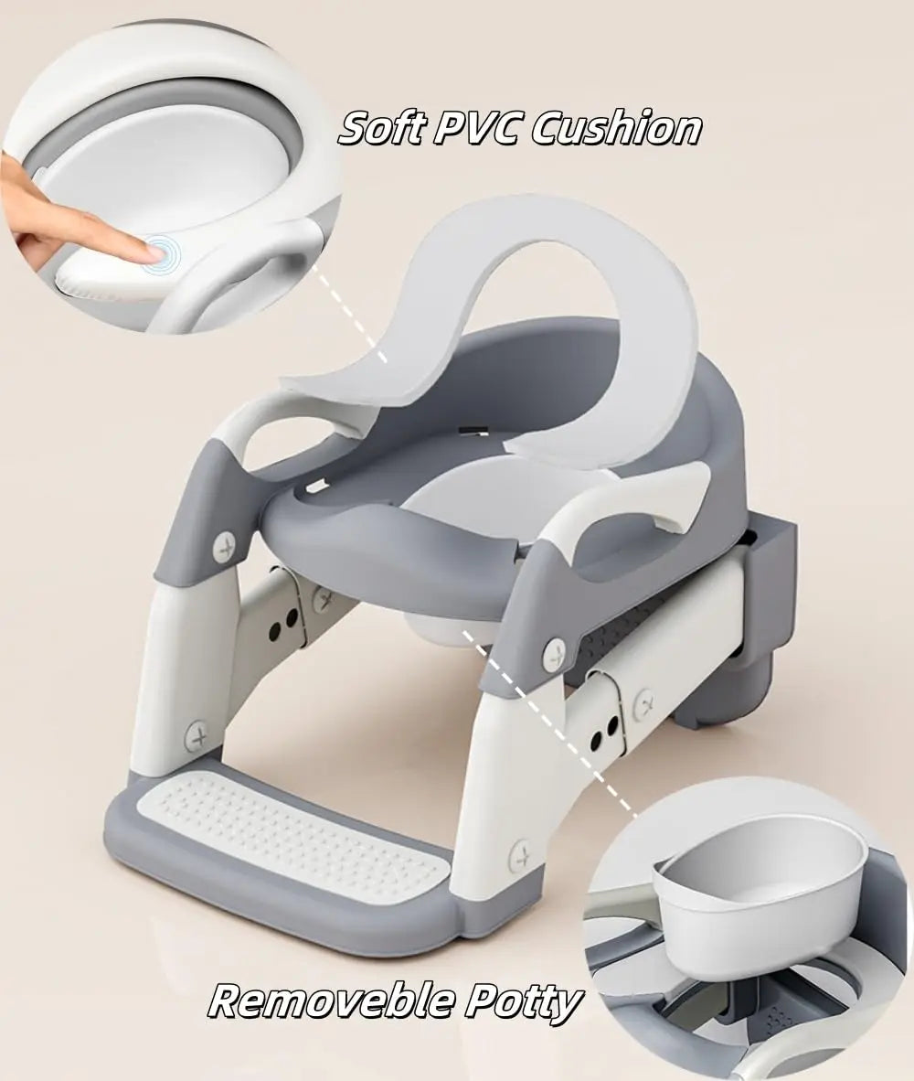 Kids Potty Training Seat With Steps, 3 In 1 Toddler Toilet Ladder Seat, Soft Mat Non-slip Splash Guard Toilet Seat (Grey)