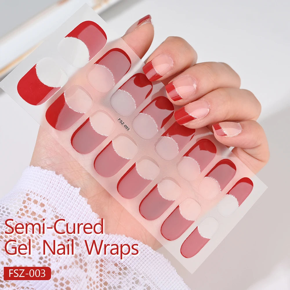 16Tips White French Semi-Cured Gel Nail Patch Sliders Full Cover Gel Nail Stickers For UV Lamp Adhesive Decals Manicure Patch #7