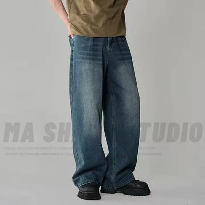 Spring Autumn Men's New Denim Pants Old Blue Washed Casual Jeans Menwear Loose New Fashion Contrasting Color Wide Leg Trousers