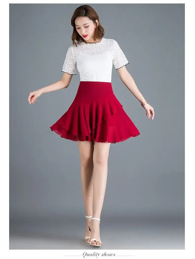 Fashion Solid Color Spliced Ruffles Chiffon Skirts Women's Clothing Summer New Loose Office Lady Elastic High Waist Skirts
