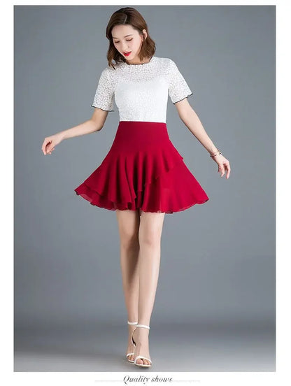 Fashion Solid Color Spliced Ruffles Chiffon Skirts Women's Clothing Summer New Loose Office Lady Elastic High Waist Skirts