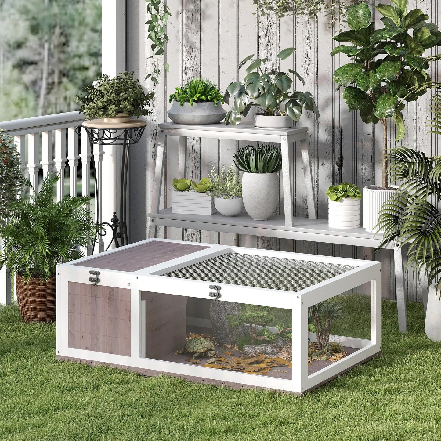 Wood Turtle House 91x60.5x32 cm with net blanket & removable transparent side panels for indoor and outdoor