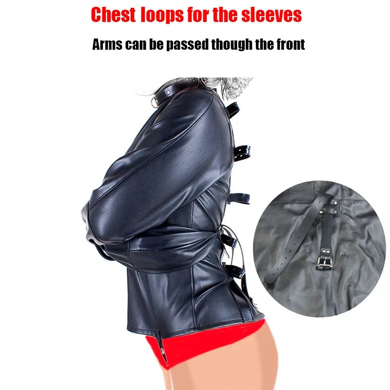 Leather SM Lingerie Straitjacket with Crotch Strap,Games Bondage Straight Jacket Harness,Slave Role Gimp Costumes BDSM Sextoys