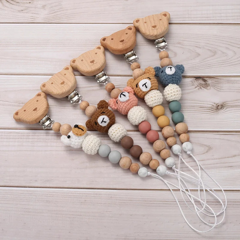 Cartoon Bunny Pacifier Chain Clip Wood Crochet Bear Teething Chain Baby Teether Soother Holder Newborn Chew Toys Pacifier Clips