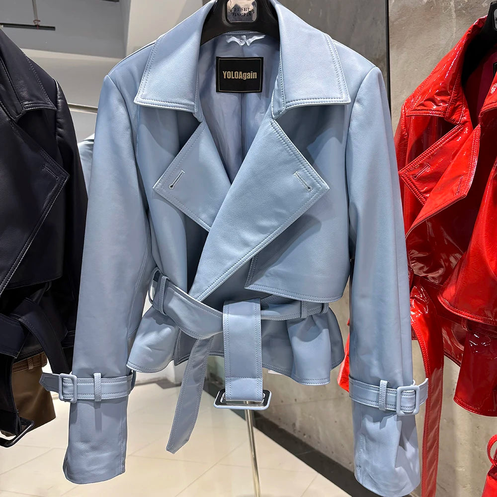 YOLOAgain 2025 Autumn Elegant Real Leather Jacket Coat Women Oversized Leather Jacket With Belt