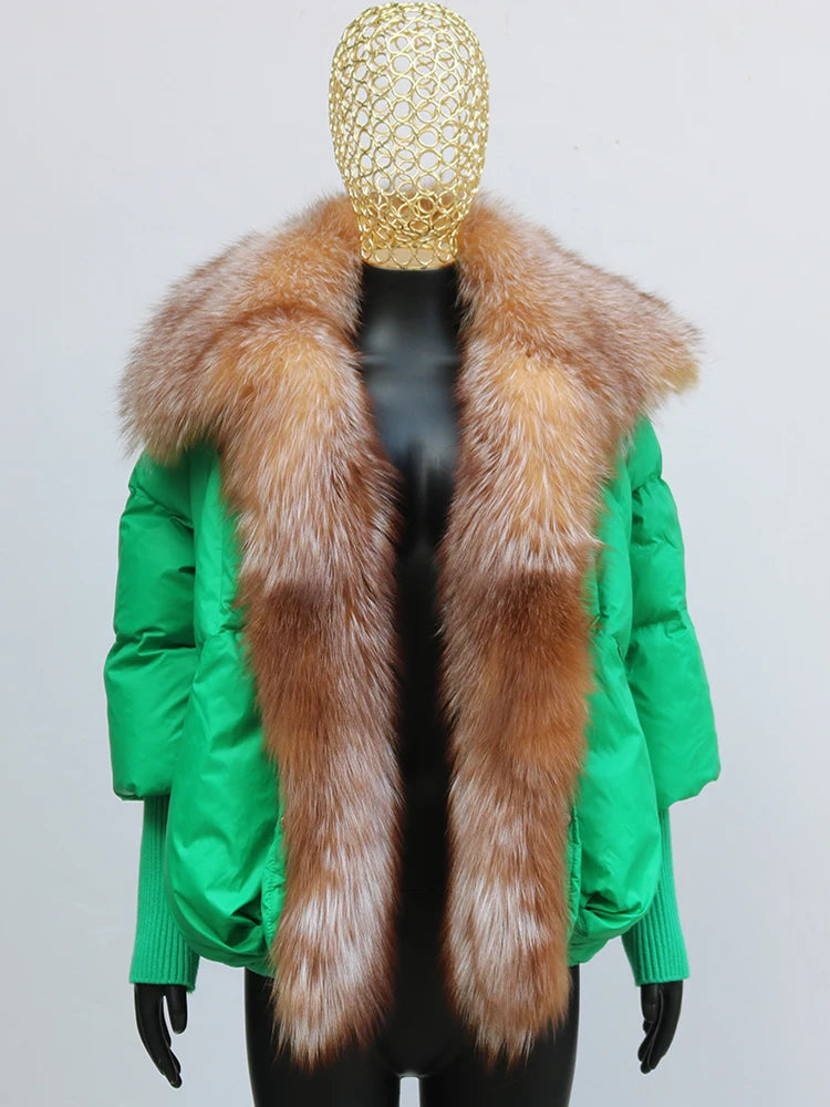Oversized Winter Warm Real Fox Fur Collar Black Down Coat Women Puffer Outerwear Jackets 2024 Autumn Winter