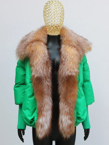 Oversized Winter Warm Real Fox Fur Collar Black Down Coat Women Puffer Outerwear Jackets 2024 Autumn Winter