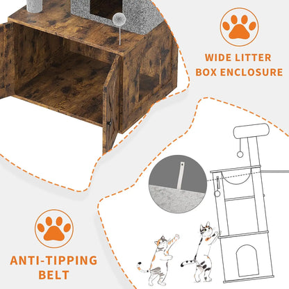 Garvee 2-in-1 Wooden Cat Tree with Hidden Litter Box Enclosure, Multi-Level Cat Tower with Scratching Posts, Cat Condo, Platforms & Hammock, Indoor Cat Washroom Furniture, Brown
