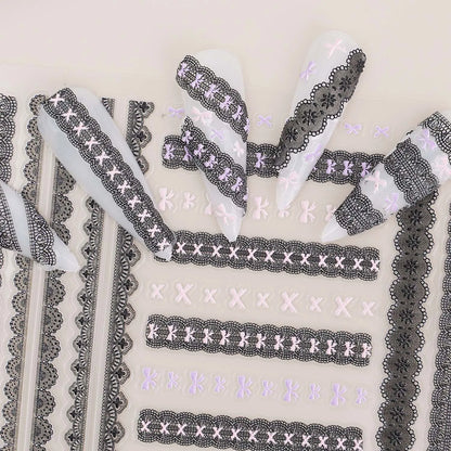 Japanese Bowknot Lace Heart Nail Stickers Self Adhesive Sweet Cool Pink Black Lace Nail Decals Cool Girls Manicure Decorations